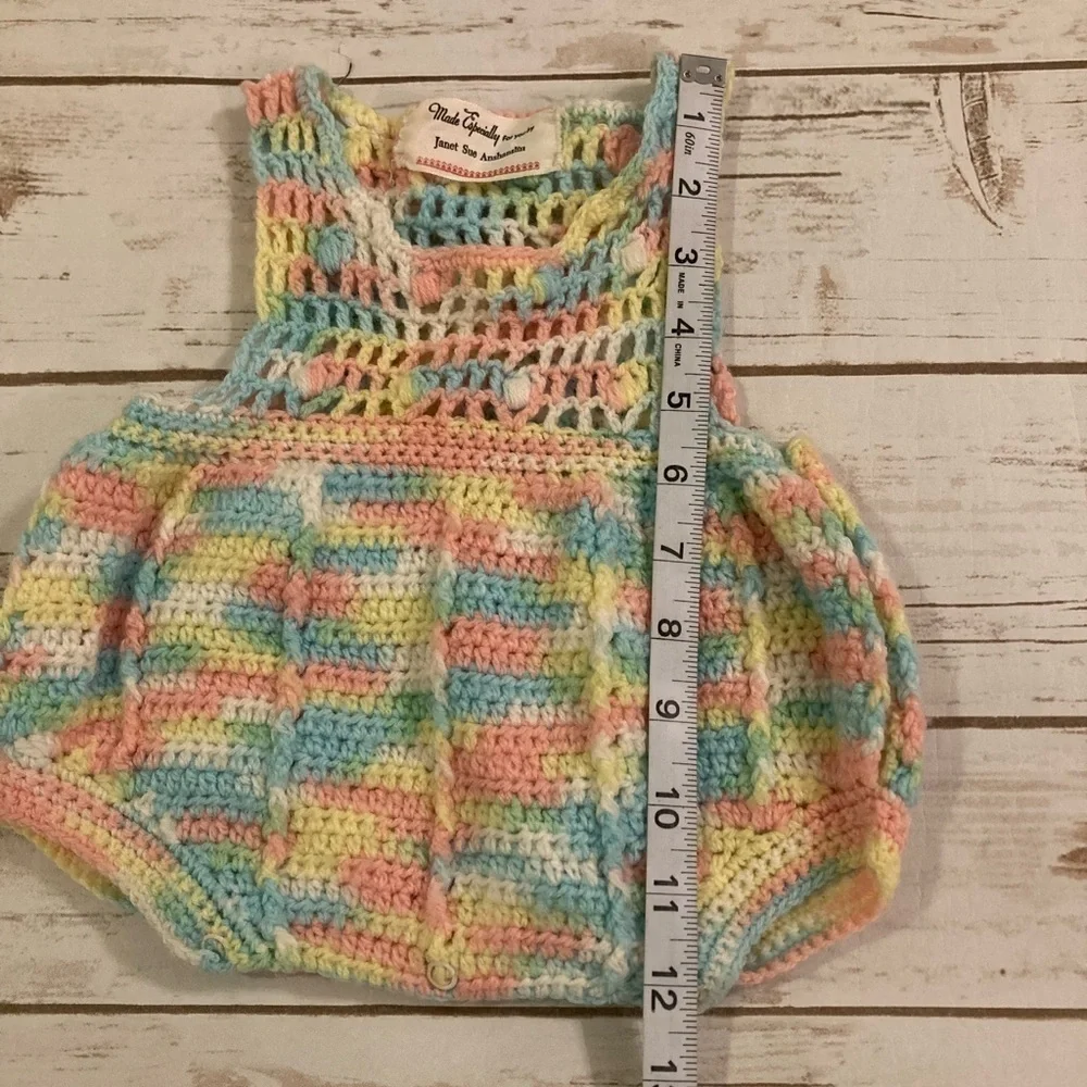 Vintage Handmade Crotchet Baby Pastel Rainbow Onesie 3-6 Months